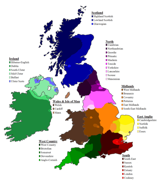 Mapa para mostrar la gran variedad acentos de Reino Unido e Irlanda, aún se podrías dividir en mucho más acentos.
